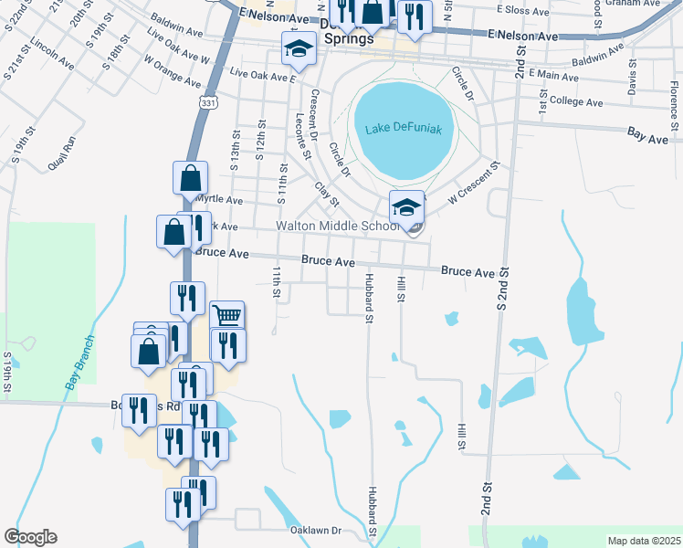 map of restaurants, bars, coffee shops, grocery stores, and more near 102 Minnesota Street in DeFuniak Springs