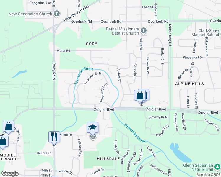 map of restaurants, bars, coffee shops, grocery stores, and more near 1121 Greenville Drive in Mobile
