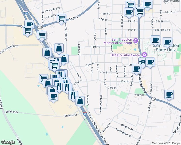 map of restaurants, bars, coffee shops, grocery stores, and more near 2106 Avenue R in Huntsville