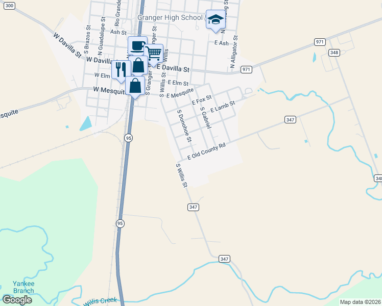 map of restaurants, bars, coffee shops, grocery stores, and more near 303 E Old County Rd in Granger