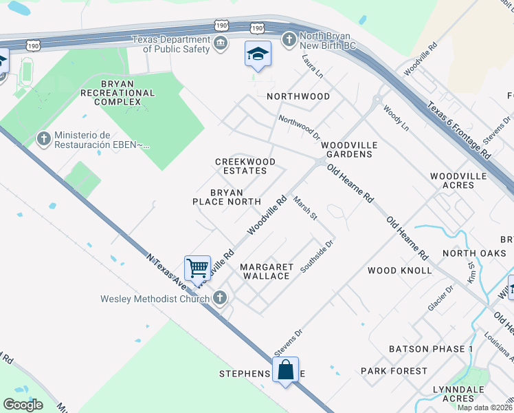 map of restaurants, bars, coffee shops, grocery stores, and more near 2501 Hardwood Drive in Bryan