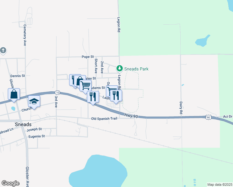 map of restaurants, bars, coffee shops, grocery stores, and more near 8178 Laura Street in Sneads