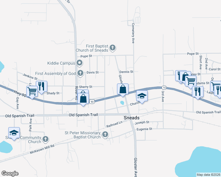 map of restaurants, bars, coffee shops, grocery stores, and more near 2043 Green Avenue in Sneads