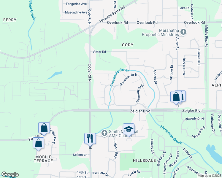 map of restaurants, bars, coffee shops, grocery stores, and more near 1108-1112 Greenway Drive West in Mobile