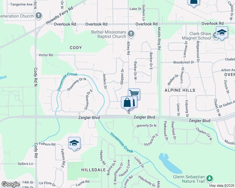 map of restaurants, bars, coffee shops, grocery stores, and more near 1105 Rhett Drive in Mobile