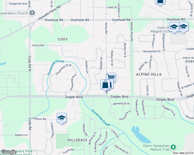 map of restaurants, bars, coffee shops, grocery stores, and more near 1105 Rhett Drive in Mobile