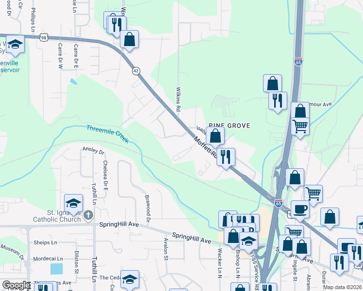 map of restaurants, bars, coffee shops, grocery stores, and more near 3825 Moffett Road in Mobile