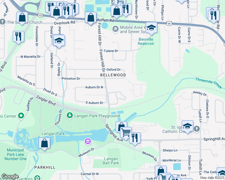 map of restaurants, bars, coffee shops, grocery stores, and more near 4667 West Pinewood Drive in Mobile