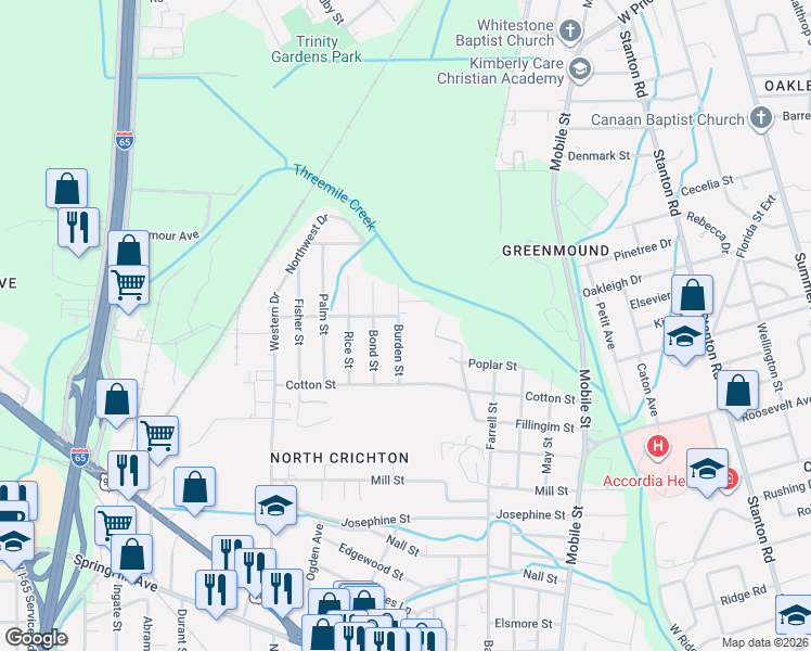 map of restaurants, bars, coffee shops, grocery stores, and more near 667 Burden Street in Mobile