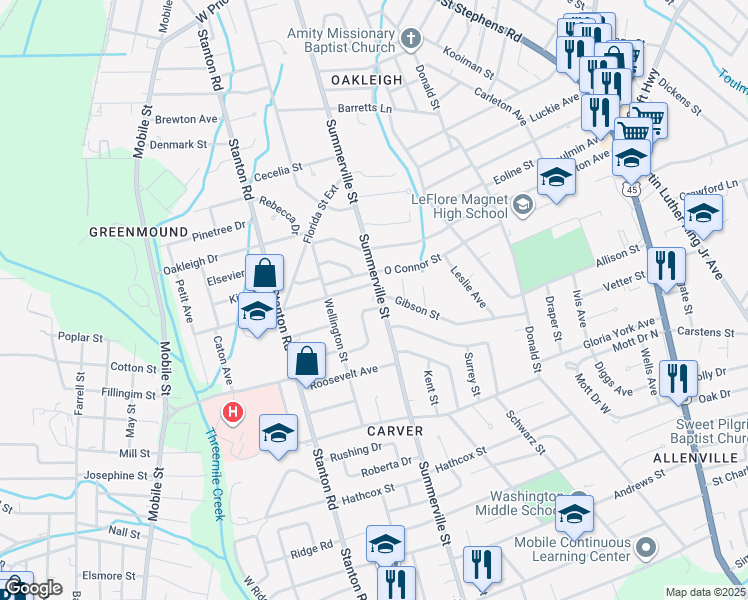 map of restaurants, bars, coffee shops, grocery stores, and more near 2207 Summerland Dr in Mobile
