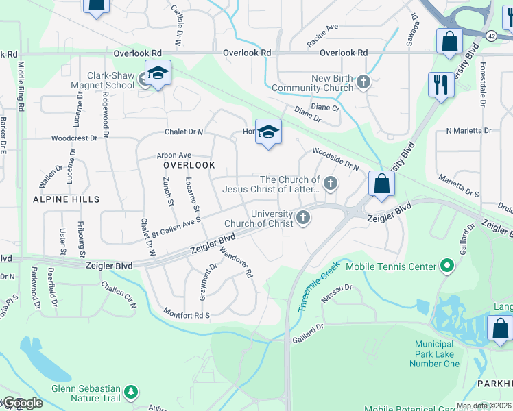 map of restaurants, bars, coffee shops, grocery stores, and more near 5758 Zeigler Boulevard in Mobile