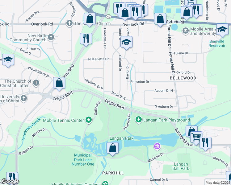 map of restaurants, bars, coffee shops, grocery stores, and more near 5104 Druid Drive South in Mobile