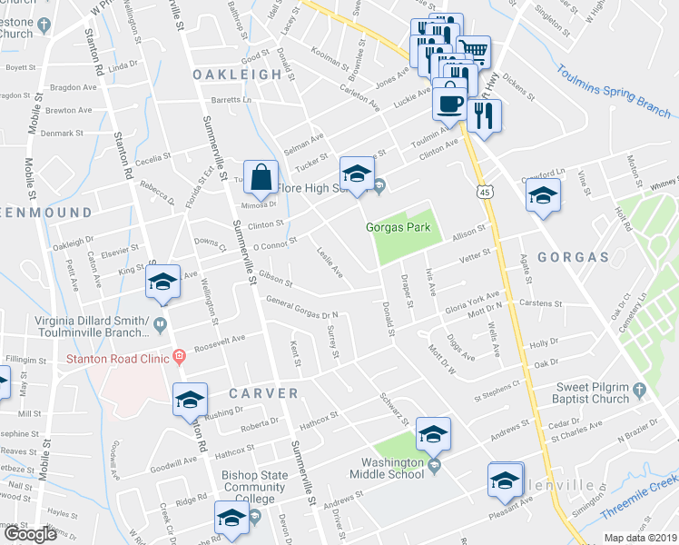 map of restaurants, bars, coffee shops, grocery stores, and more near 663 Leslie Avenue in Mobile