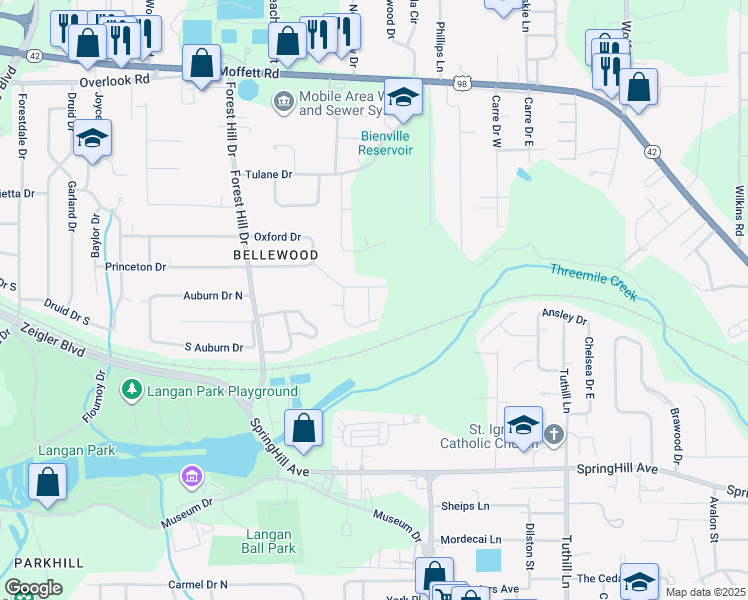 map of restaurants, bars, coffee shops, grocery stores, and more near 1062 Midmoor Drive in Mobile