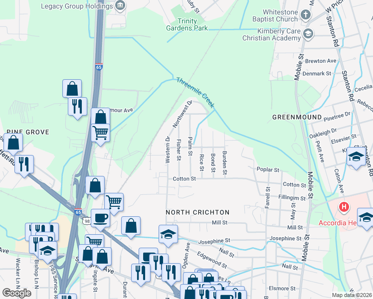 map of restaurants, bars, coffee shops, grocery stores, and more near 667-669 Palm Street in Mobile