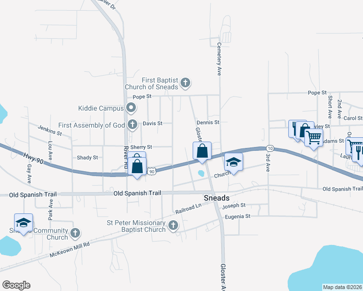 map of restaurants, bars, coffee shops, grocery stores, and more near 2043 Green Ave in Sneads