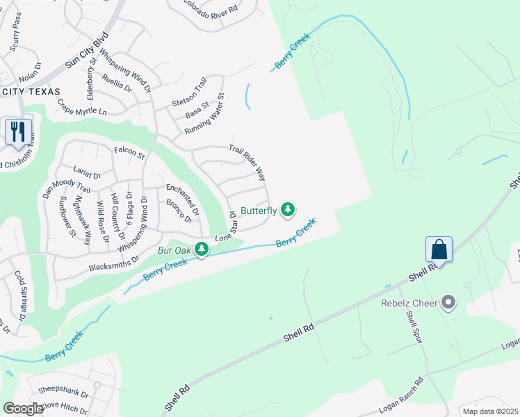 map of restaurants, bars, coffee shops, grocery stores, and more near 185 Trail Rider Way in Georgetown