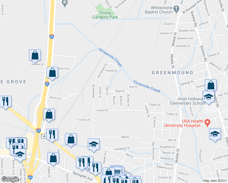 map of restaurants, bars, coffee shops, grocery stores, and more near 697 Rice Street in Mobile
