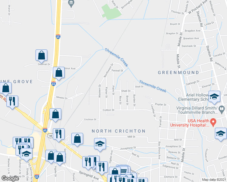 map of restaurants, bars, coffee shops, grocery stores, and more near 699 Palm Street in Mobile