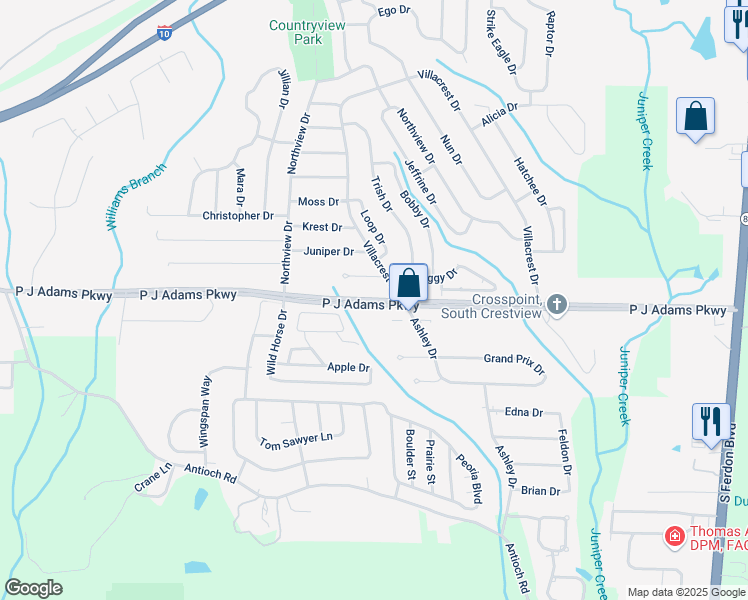 map of restaurants, bars, coffee shops, grocery stores, and more near P J Adams Parkway in Crestview