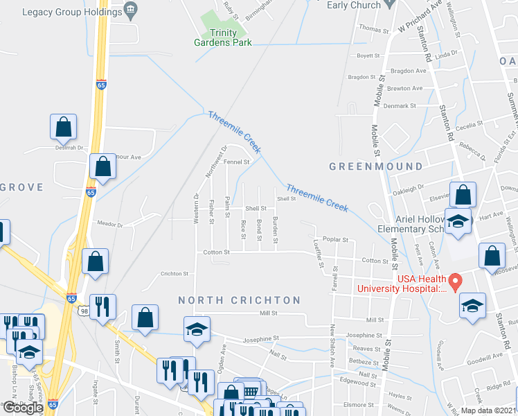 map of restaurants, bars, coffee shops, grocery stores, and more near 2900 Shell Street in Mobile