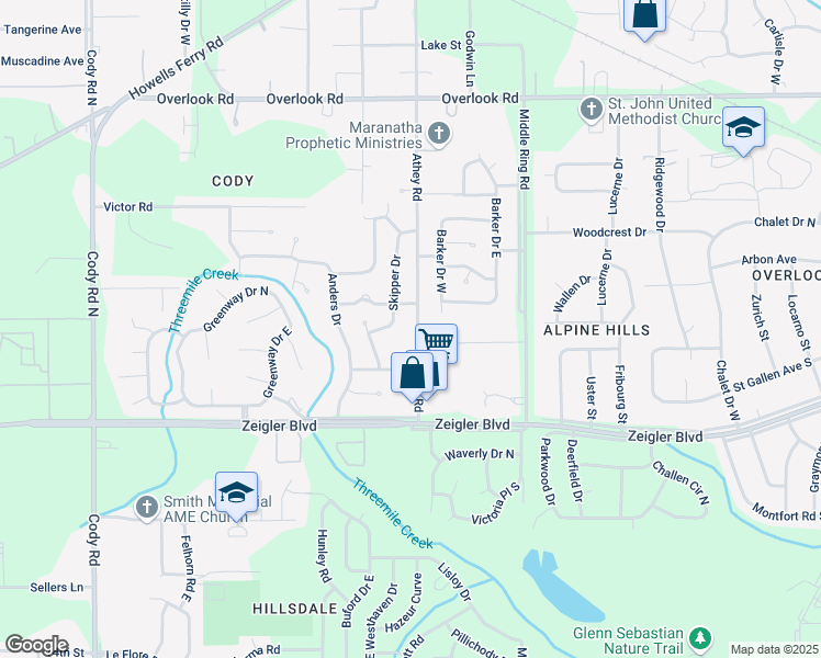 map of restaurants, bars, coffee shops, grocery stores, and more near 1155 Athey Road in Mobile