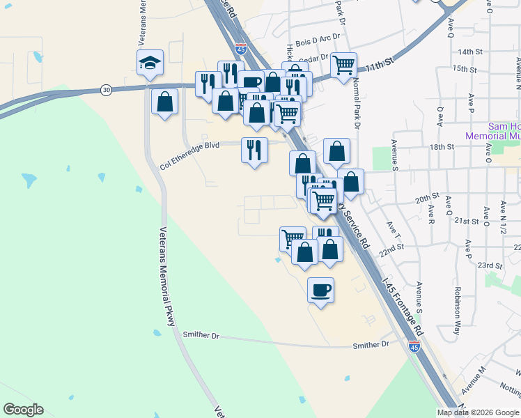 map of restaurants, bars, coffee shops, grocery stores, and more near 141 Interstate 45 in Huntsville