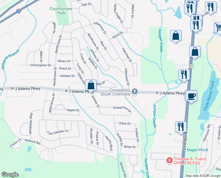 map of restaurants, bars, coffee shops, grocery stores, and more near 345 Peggy Drive in Crestview