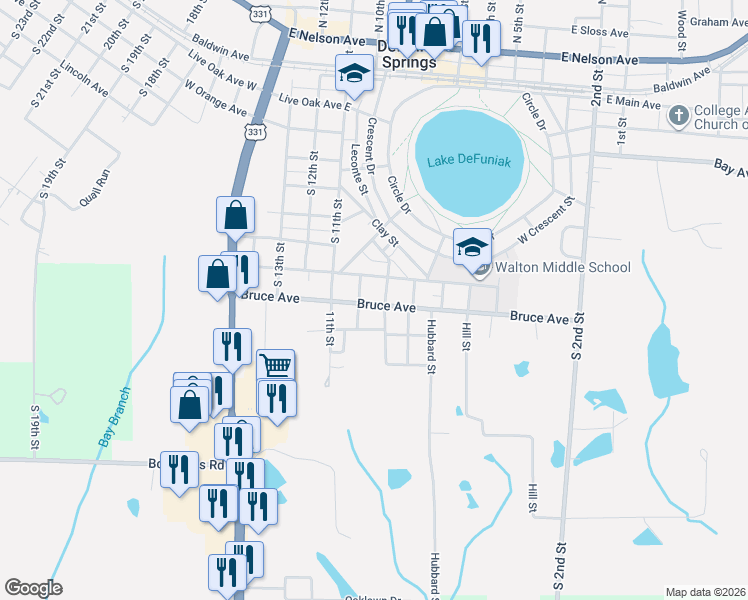 map of restaurants, bars, coffee shops, grocery stores, and more near 352 Park Avenue in DeFuniak Springs