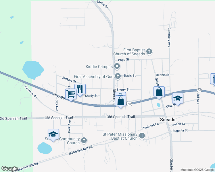 map of restaurants, bars, coffee shops, grocery stores, and more near 2051 River Road in Sneads