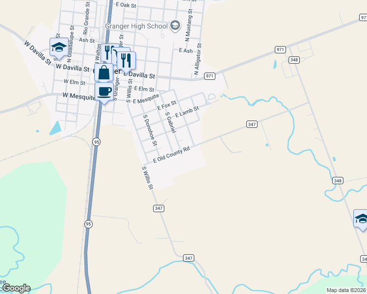 map of restaurants, bars, coffee shops, grocery stores, and more near 606 South Bird in Granger
