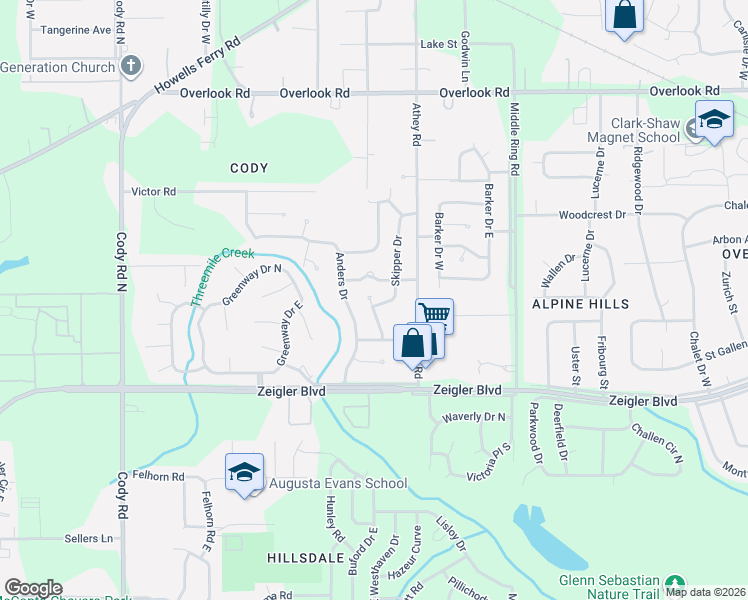 map of restaurants, bars, coffee shops, grocery stores, and more near 6606 Skipper Drive in Mobile