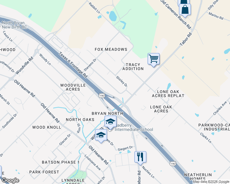 map of restaurants, bars, coffee shops, grocery stores, and more near 3619 Elaine Drive in Bryan