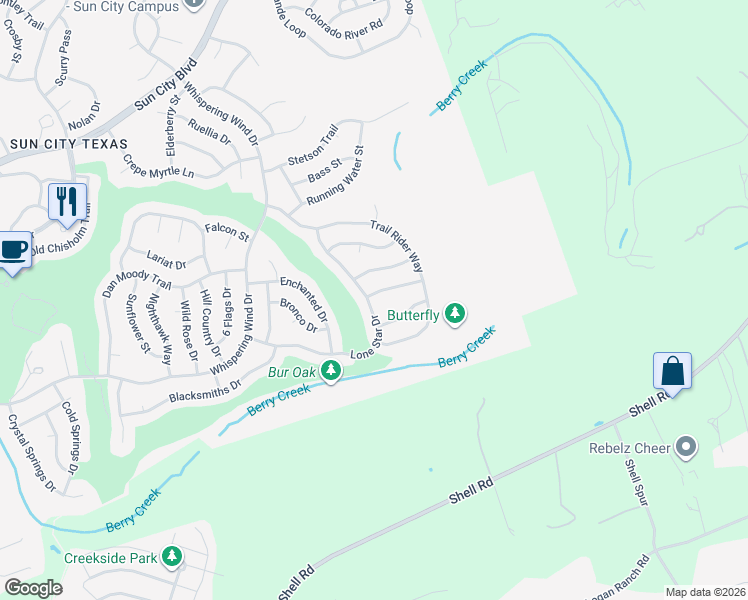 map of restaurants, bars, coffee shops, grocery stores, and more near 105 Buttercup Trail in Georgetown