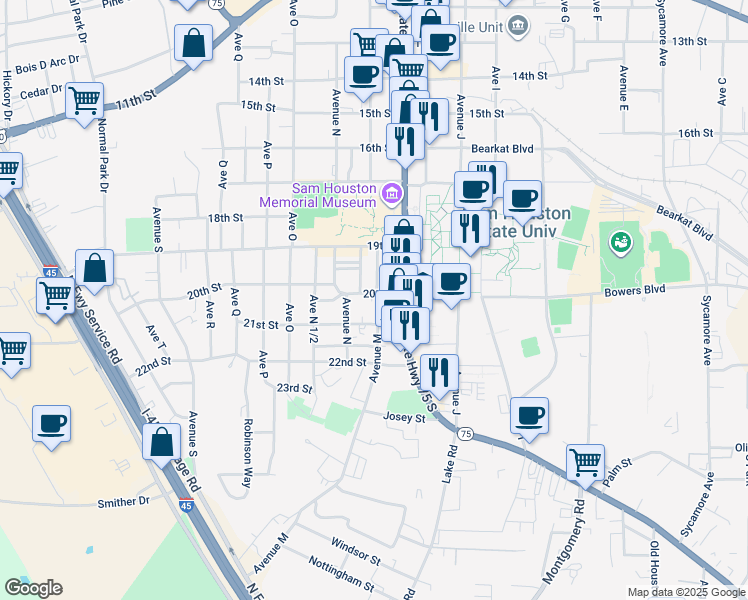 map of restaurants, bars, coffee shops, grocery stores, and more near 1229 20th Street in Huntsville