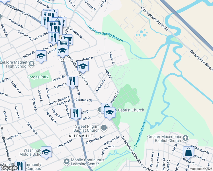 map of restaurants, bars, coffee shops, grocery stores, and more near 1801 Holt Road in Mobile