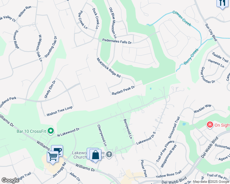map of restaurants, bars, coffee shops, grocery stores, and more near 207 Bartlett Peak Drive in Georgetown