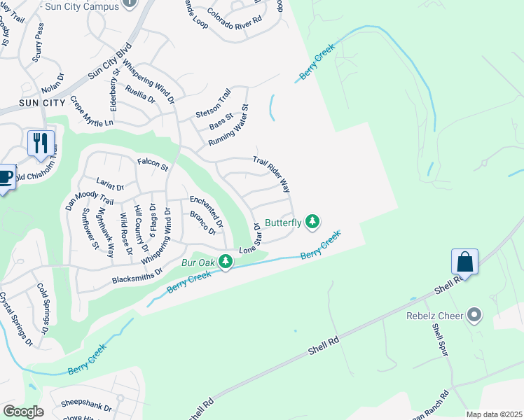 map of restaurants, bars, coffee shops, grocery stores, and more near 105 Buttercup Trail in Georgetown