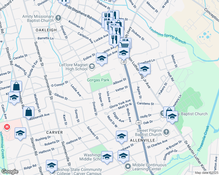 map of restaurants, bars, coffee shops, grocery stores, and more near 1871-1899 Allison St in Mobile