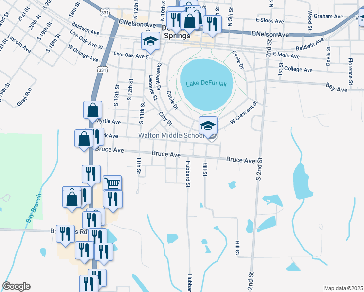 map of restaurants, bars, coffee shops, grocery stores, and more near 436 Park Avenue in DeFuniak Springs
