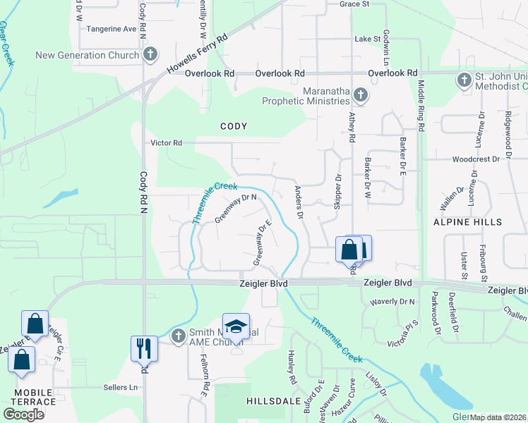 map of restaurants, bars, coffee shops, grocery stores, and more near 6801 Norfolk Court in Mobile