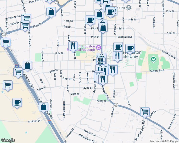 map of restaurants, bars, coffee shops, grocery stores, and more near 1238 20th Street in Huntsville