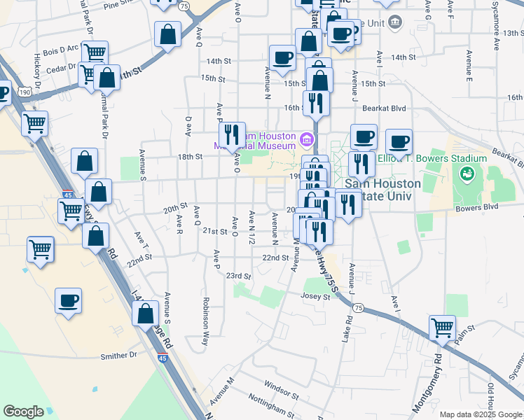 map of restaurants, bars, coffee shops, grocery stores, and more near 1420 20 1/2 Street in Huntsville