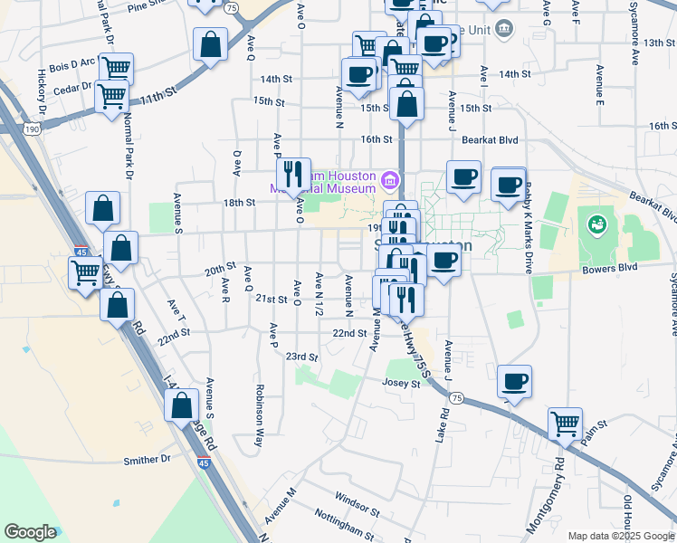 map of restaurants, bars, coffee shops, grocery stores, and more near 1420 20 1/2 Street in Huntsville