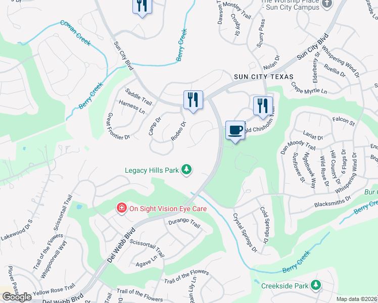 map of restaurants, bars, coffee shops, grocery stores, and more near 126 Larkspur Lane in Georgetown