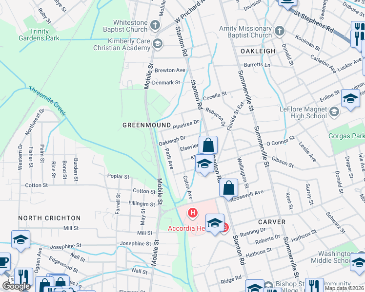 map of restaurants, bars, coffee shops, grocery stores, and more near 705 Caton Avenue in Mobile