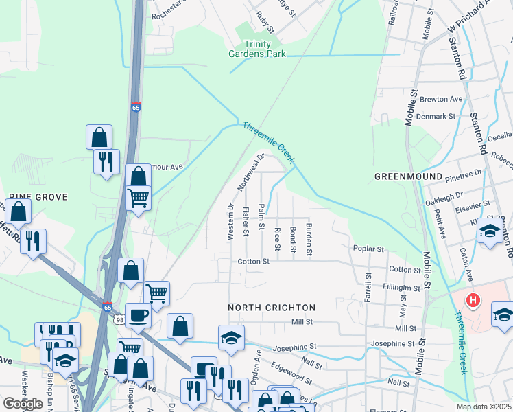 map of restaurants, bars, coffee shops, grocery stores, and more near 707 Palm Street in Mobile