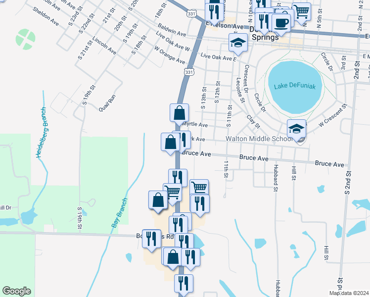 map of restaurants, bars, coffee shops, grocery stores, and more near 41 Bruce Avenue in DeFuniak Springs