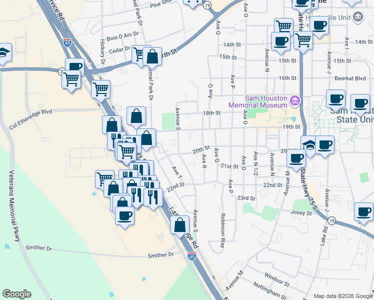 map of restaurants, bars, coffee shops, grocery stores, and more near 1910A 20th Street in Huntsville