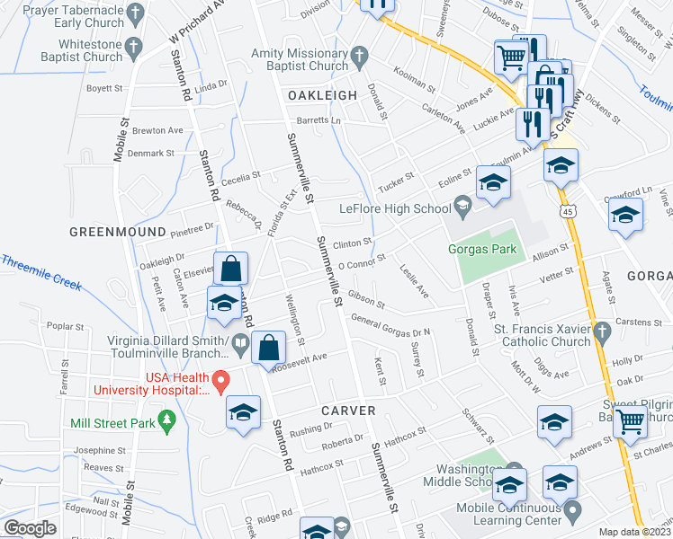 map of restaurants, bars, coffee shops, grocery stores, and more near 660 Summerville Street in Mobile